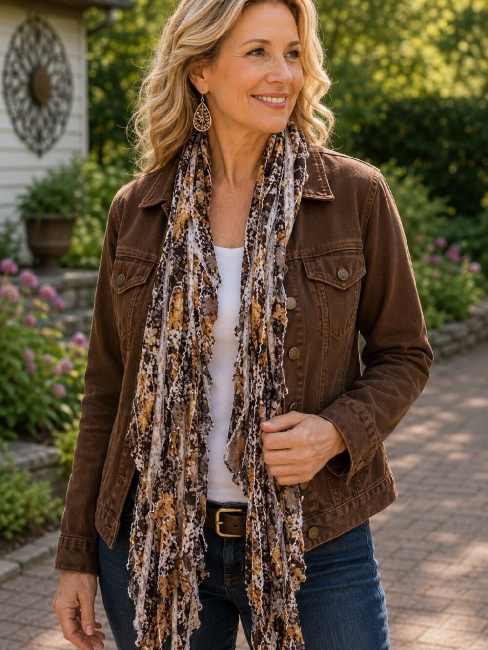 Brown Gold White Floral Flutter Scarf Lightweight Women Accessory